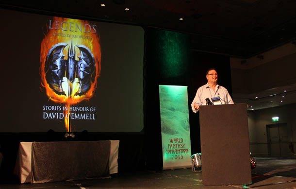 Ian Whates of NewCon Press announces the Legends anthology at the 2013 Gemmell Awards
