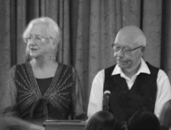 Anne and Stan Nicholls MC-ing at the 2016 David Gemmell Awards for Fantasy