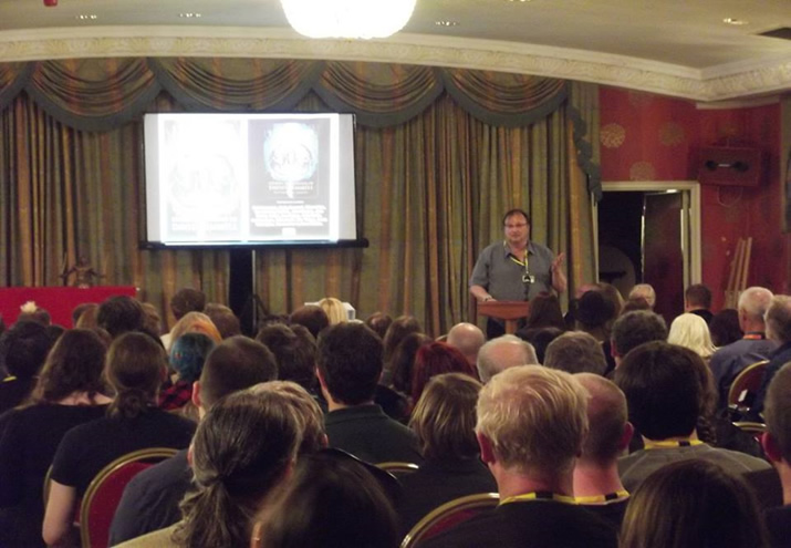 NewCon Press' Ian Whates updates the audience about progress on Legends 3 at the 2016 David Gemmell Awards for Fantasy