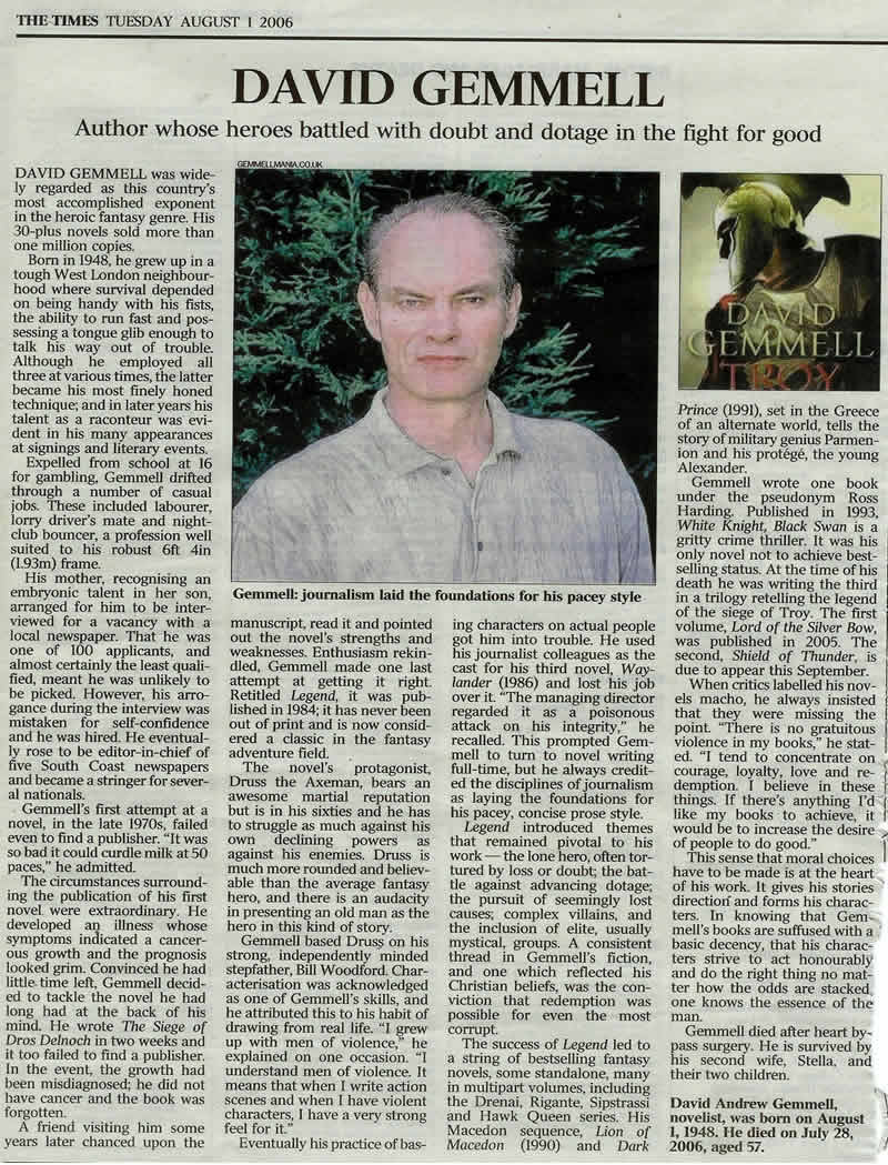 Stan Nicholls' obituary of David Gemmell from The Times,1st August 2006